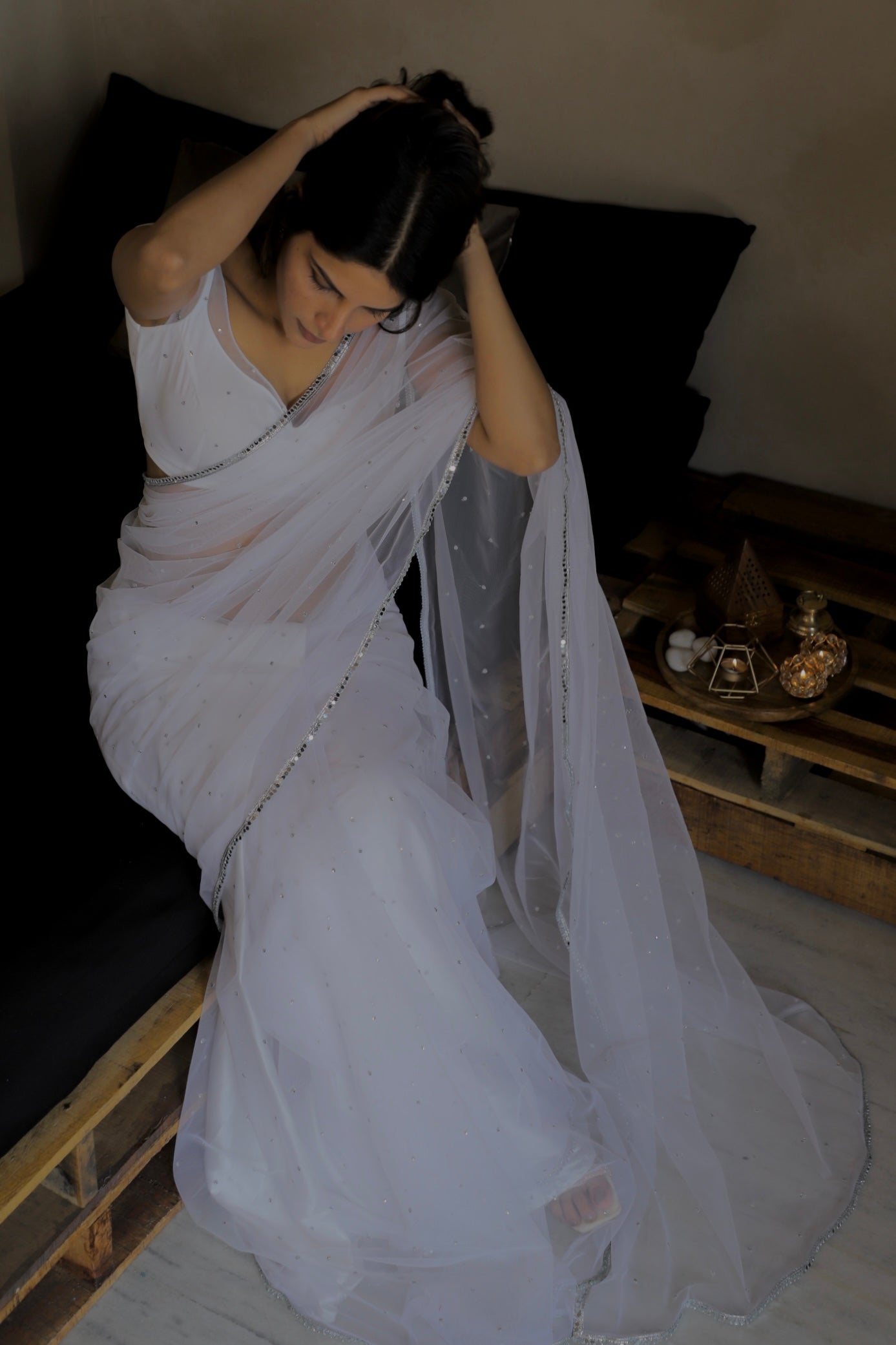 White Ready-to-Wear Net Saree with Stitched Designer Blouse and Satin Petticoat.